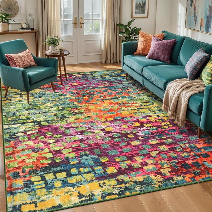 Colorful Abstract 4x6 Washable Rug, Modern Non Slip Rugs for LIving Room | Fun Contemporary Indoor Carpet, Funky Soft Low Pile Floor 4x6 Area Rugs for Dining Room Bedroom Dorm Bedside Home Decor