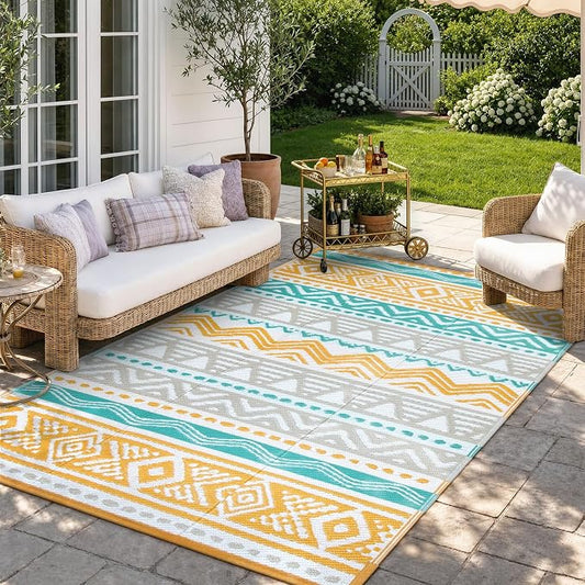 Lahome Outdoor Rug Waterproof, 5x8ft Reversible Outdoor Plastic Straw Rug for Camping Patio, RV Outdoor Rugs Outside, Outdoor Carpet for Porch Deck Backyard Balcony Picnic(Blue/Yellow,5'x 8')