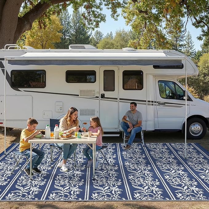Garvee Outdoor Rugs 9x18 Waterproof Reversible Mat Boho Leaf Patio Rug with 4 Stakes and Starage Bag, Large Outdoor RV Mat Rugs for Camping, Picnic, Balcony, Deck, Backyard, Navy Blue & White