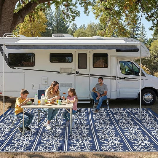Garvee Outdoor Rugs 9x18 Waterproof Reversible Mat Boho Leaf Patio Rug with 4 Stakes and Starage Bag, Large Outdoor RV Mat Rugs for Camping, Picnic, Balcony, Deck, Backyard, Navy Blue & White
