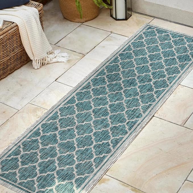JONATHAN Y Moroccan Trellis Indoor Outdoor Runner Rug 2X8 Teal/Gray, Trebol Textured Weave for Backyard, Patio, Porch, Easy-Cleaning, High Traffic, Pet-Friendly, Non-Shedding (SMB109E-28)