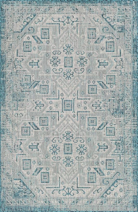 Unique Loom Outdoor Aztec Collection Area Rug - Coba (5' 3" x 8' Rectangle, Teal/ Ivory)