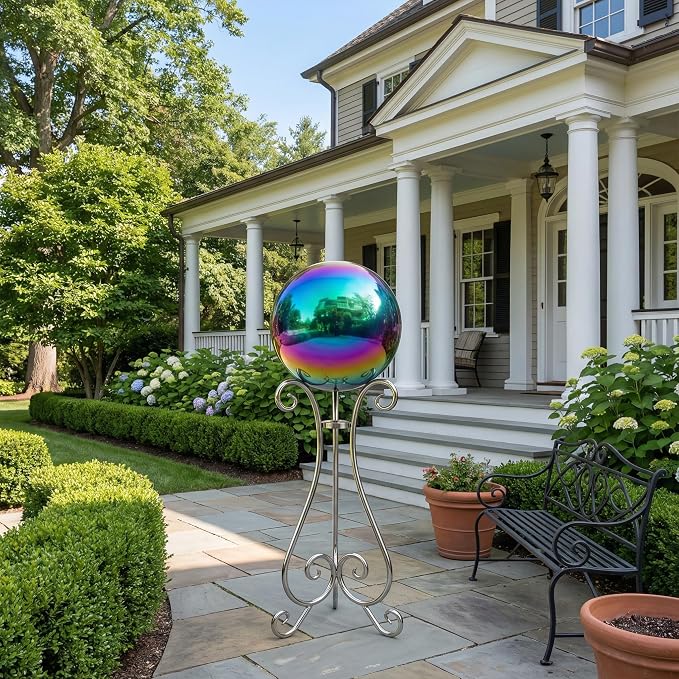 14 inch Diameter Gazing Ball,Rainbow Stainless Steel Polished Reflective Smooth Garden Sphere Globe Mirror,Colorful and Shiny Addition to Any Garden or Home