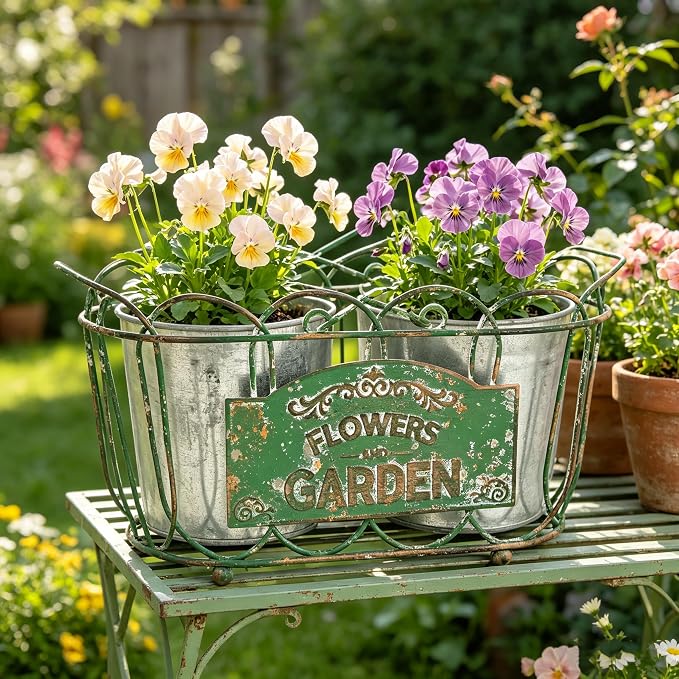 Vintage 2-Piece Metal Planter Set, Distressed Green Iron Wire Basket with Flowers Garden Sign, Rustic Farmhouse Plant Pots for Tabletop, Window Sill & Balcony Decor (Green)