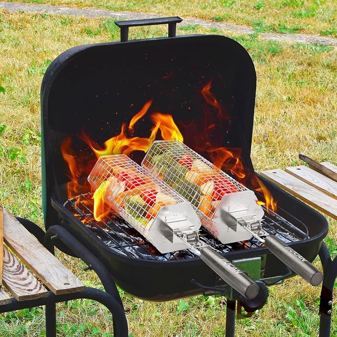 Grill Baskets Set, 2 PCS Stainless Steel Grill Baskets with Removable Wooden Handles, Nesting BBQ Tools, Hexagon Design for Outdoor Cooking Camping, Birthday Gifts for Men Dad Husband