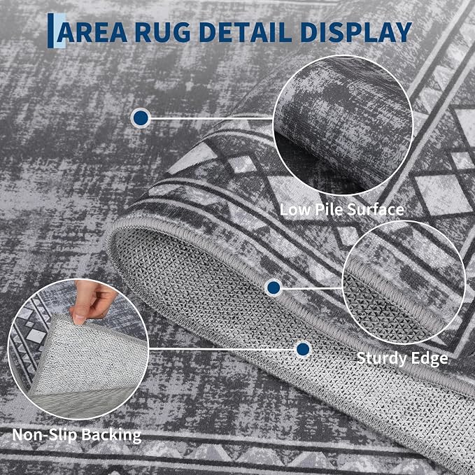 Garvee 8x10 Vintage Border Washable Rugs for Living Room Bedroom Rug, Grey | Boho Area Rug Stain Resistant Easy Cleaning Throw Rugs Low Pile Floor Cover for Nursery Dining Room Apartment