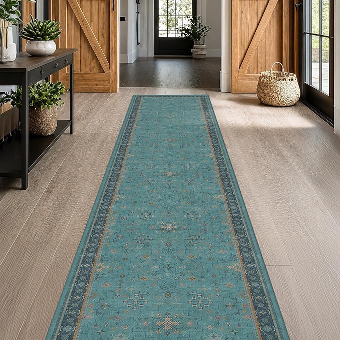 Vintage 3x12 Long Hallway Runner Rug - Teal Boho 3x12 Kitchen Floor Mat, Low Pile Thin Carpet for Bedroom Bedside, Washable Modern Eclectic Boho Design Décor