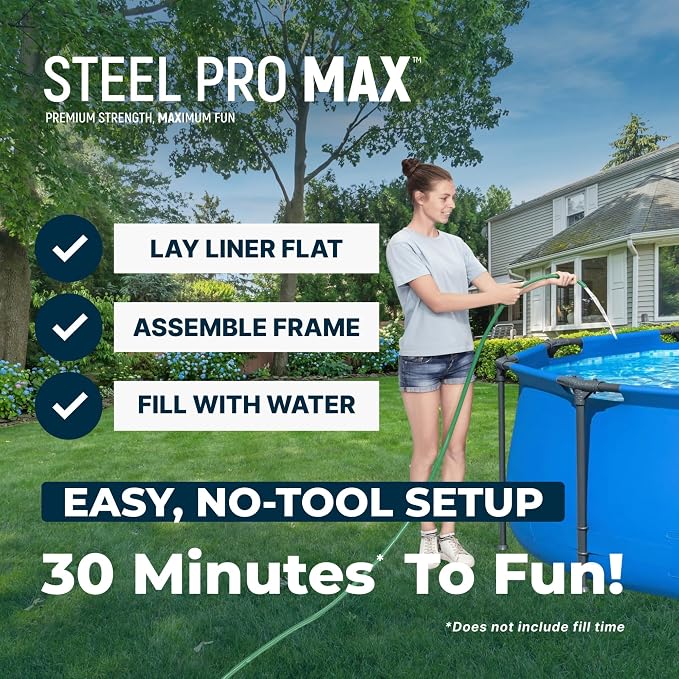 Bestway Steel Pro MAX 12' x 30" Above Ground Swimming Pool, Pool Only, Blue | Round Durable Metal Frame Pool, Outdoor Backyard Water Activity - Includes Puncture-Resistant Liner, No-Tool Setup