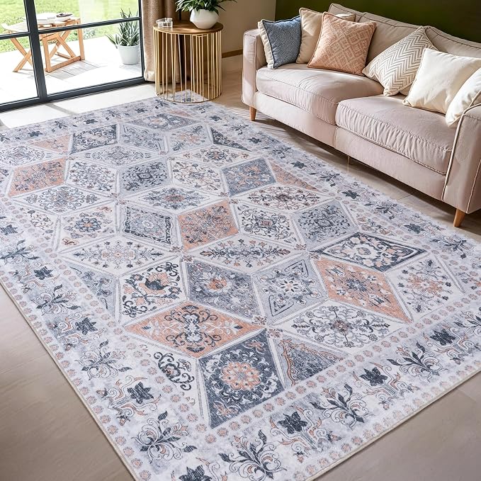 Moroccan Boho Floral Geometric Patchwork Washable 9x12 Large Rug | Vintage Distressed Non Slip Throw Carpet for Bedroom Livingroom Kitchen Hallway Entryway Office Dining Room Docer Light Grey