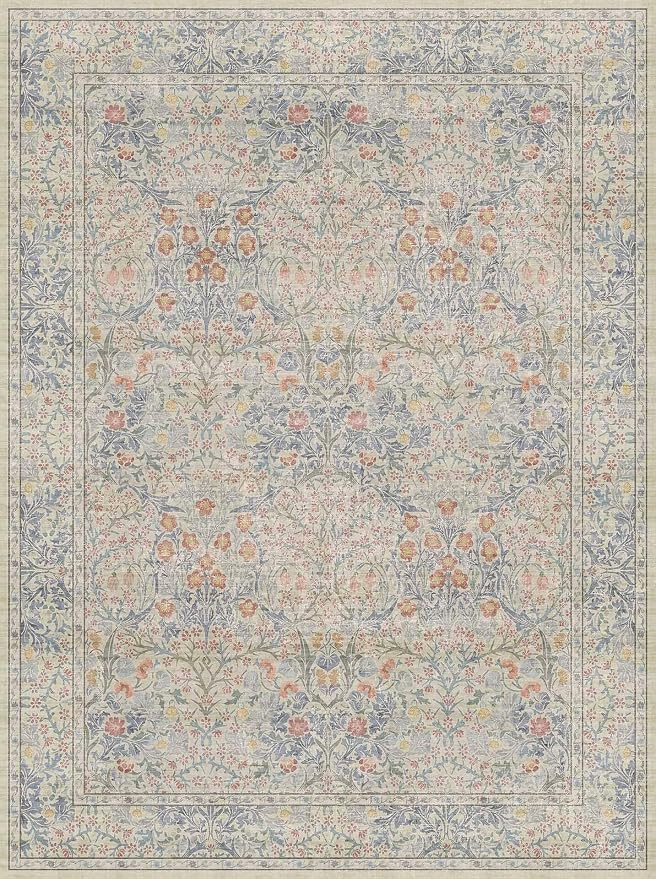 Large 3x4 Entryway Rug Indoor - Washable Non-Slip Low Pile Stain Resistance Ultra Thin Area Rug for Large Kitchen, Bedroom Beside Bed - Vintage Floral Botanical Beige Blue Decor