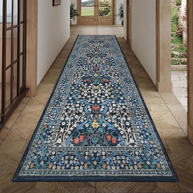 GarveeHome Blue Floral 2.5x8 Washable Kitchen Runner Rug | Vintage Stain Resistant Rugs for Entryway Hallway Bedroom Bathroom Low-Pile Non-Slip Soft Botanical Boho Rug TPE Backing