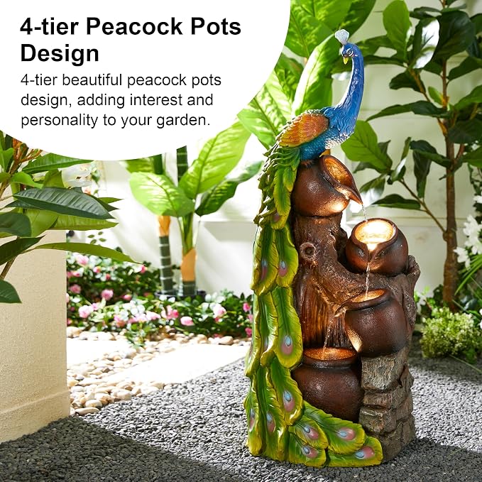 Glitzhome 4-Tier Peacock and Jars Outdoor Water Fountain with LED Light, 40”H Oversized Resin Peacock Sculpture Waterfall Fountain with Submersible Pump for Garden Patio Porch