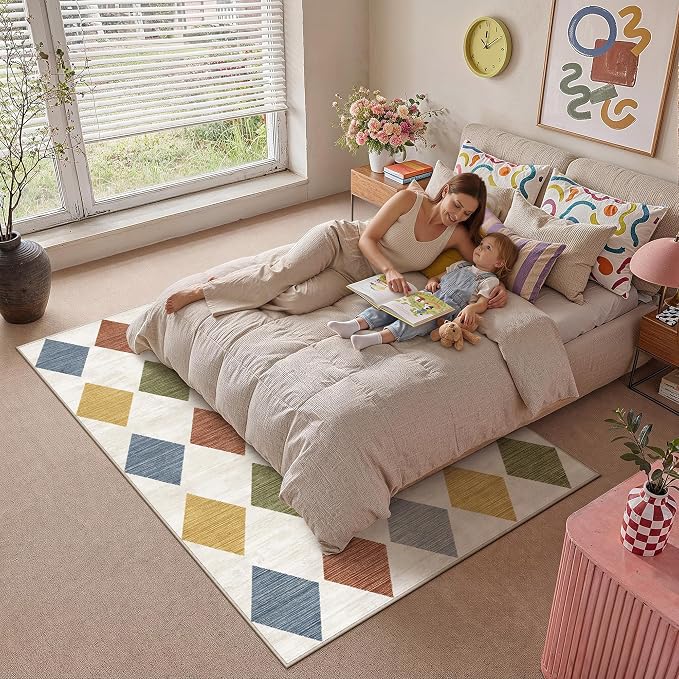 Colorful 8x10 Washable Area Rug Living Room Large Non Slip Carpet | Soft, Low Pile, Easy Clean, Checkered Pattern for Bedroom, Office, Nursery, Dining Room, Kids Room, Modern Indoor Decor