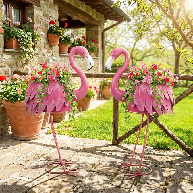 Metal Standing Flamingo Planters with Drain Hole Flamingo Flower Holder Large Planter Pots for Indoor Outdoor Lawn Garden Yard Decor