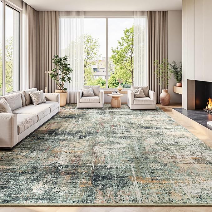9x12 Area Rug for Living Room, Abstract Washable Large Rugs, Coffee/Green | Neutral Carpet for Bedroom, Dining Room, Home Office Nursery Indoor, Stain Resistant, Non-Slip, Low Pile, Modern Rug