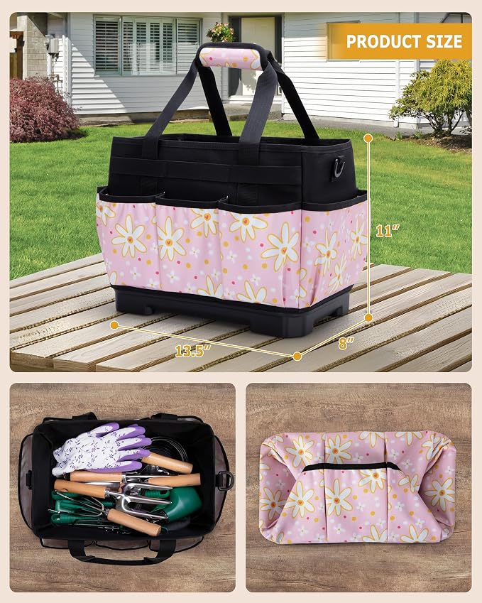 Marscamd Garden Tool Bag with Hard Bottom, Garden Tote with Shoulder Strap and Multiple Pockets (No Accessories Included), Pink Sunflower