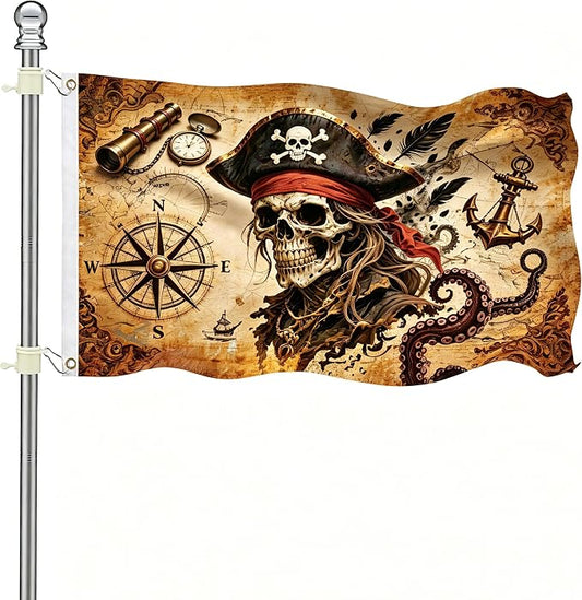 3x5ft Pirate Flag, Vintage Skull Pirate Flags for Outside, Double-Sided Printed Pirate Ship Decor Flag with 2 Grommets for Outdoor Yard, Party and Pirate Themed Decorations