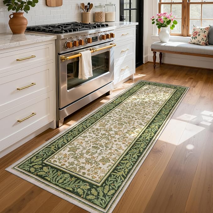 GarveeHome 2x6 Runner Rug Non Slip Washable Runners for Hallway Light Green | Boho Vintage Runner Rugs with Rubber Backing Soft Low-Pile Stain Resistant Indoor Long Carpet for Kitchen Entryway Bedroom