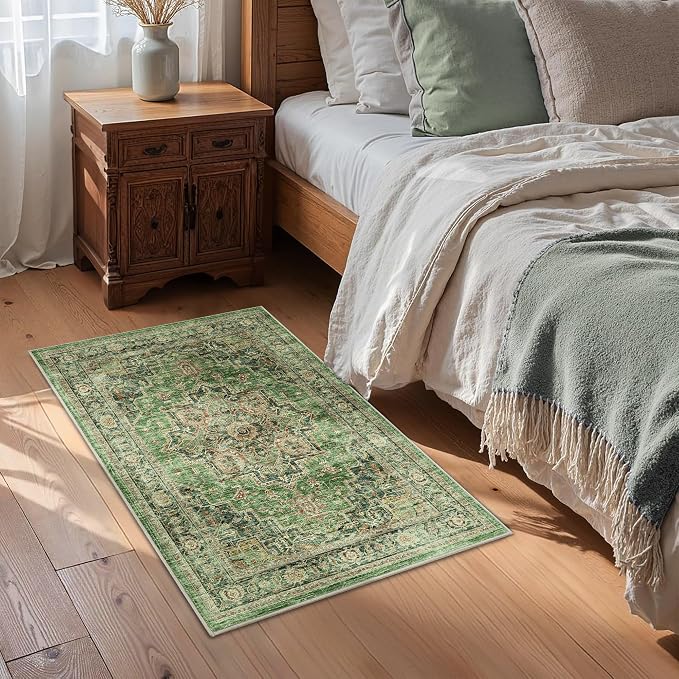 Area Rug 2x3 Entryway Rug Soft Washable Low Pile Vintage Doormat | Non Slip, Low Pile, Lightweight Carpet, Stain-Resistant Small Rug, Vintage Green for Entrance, Kitchen, Bedroom, Living Room