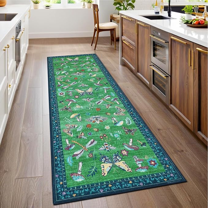 ROYHOME Mushroom Insect 2.5x8 Kitchen Runner Rug for Hallways Blue Green | Entryway Bedroom Bathroom Washable Bug Moth Cute Funky Cottage Core Whimsical Boy Rugs Low-Pile Non-Slip TPE Backing
