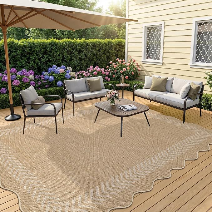 Garvee 5x7 Area Rugs Easy Jute Washable Rugs Living Room, Beige | Scalloped Area Rug Stain Resistant Easy Cleaning Throw Rugs Non Shedding Low Pile Floor Cover for Nursery Dining Room