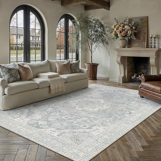 Blue Area Rug 8x10 Living Room Vintage Floral Non-Slip Carpet | Machine Washable, Soft, Low Pile, Distressed, Large for Bedroom, Dining Room, Office, Retro Neutral Decor