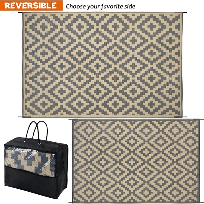 SAND MINE 6 x 9 Ft Reversible Mats, Plastic Straw Rug, Modern Area Rug, Large Floor Mat and Rug for Outdoors, RV, Patio, Backyard, Deck, Picnic, Beach, Trailer, Camping, Grey & Tan