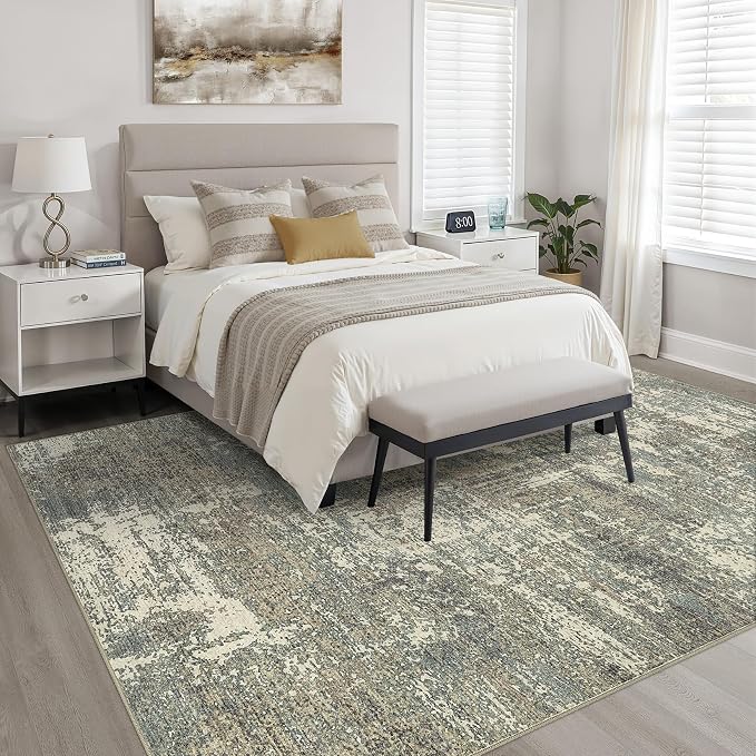 LOONGRUG 5x7 Area Rug Washable Neutral Modern Living Room Rug Green Brown | Abstract Soft Stain Resistant Indoor Floor Non-Slip Carpet for Bedroom Nursery Kids Office Playroom