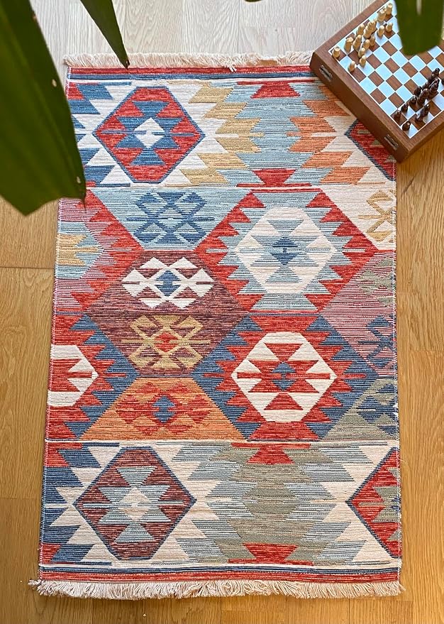 Secret Sea Collection: Modern Kilim Series Small Area Rug, Washable, Reversible, Cotton (2 x 3 feet, Ram's Head Abundance)