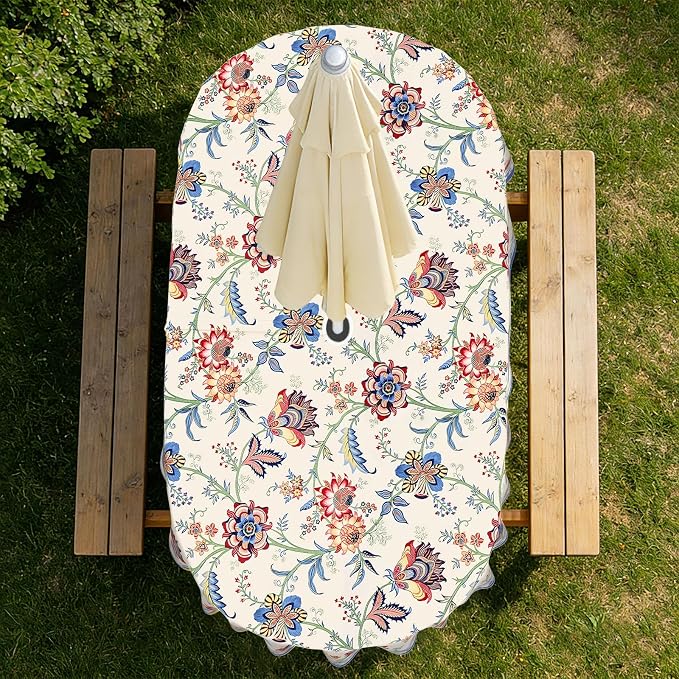 Vintage Flowers Outdoor Oval Tablecloth with Umbrella Hole 60" x 120" Waterproof Zipper Table Cloth for Garden - Ideal Patio Table Cover for Picnics, Camping, and Yard Use