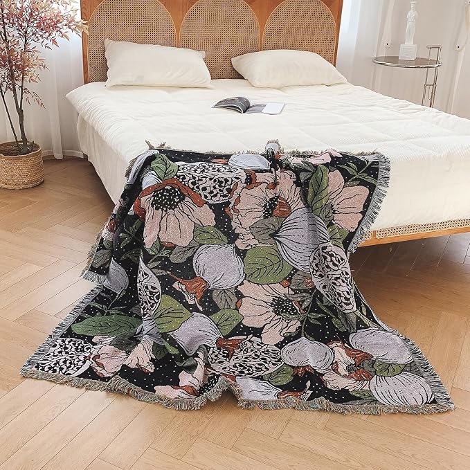 Boho Throw Blanket Reversible Cotton Bohemian Tapestry Hippie Room Decor Double Sided (Boho Flower Dark 50"x60")