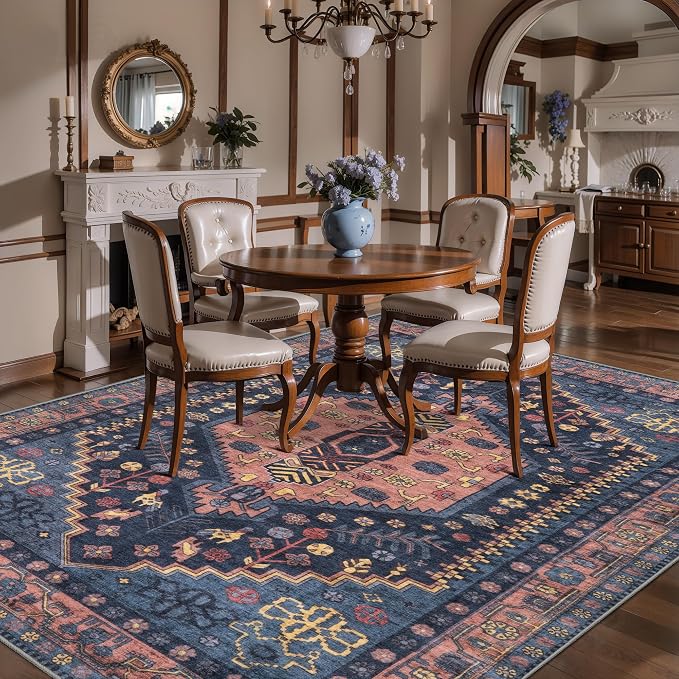 Ciicool 5x7 Area Rugs,Washable Large Boho Carpet for Living Room Bedroom | Oriental Low-Pile Soft Vintage Non-Slip Indoor Throw Navy Carpet for Kitchen Bedside Dining Room Foyer Decor