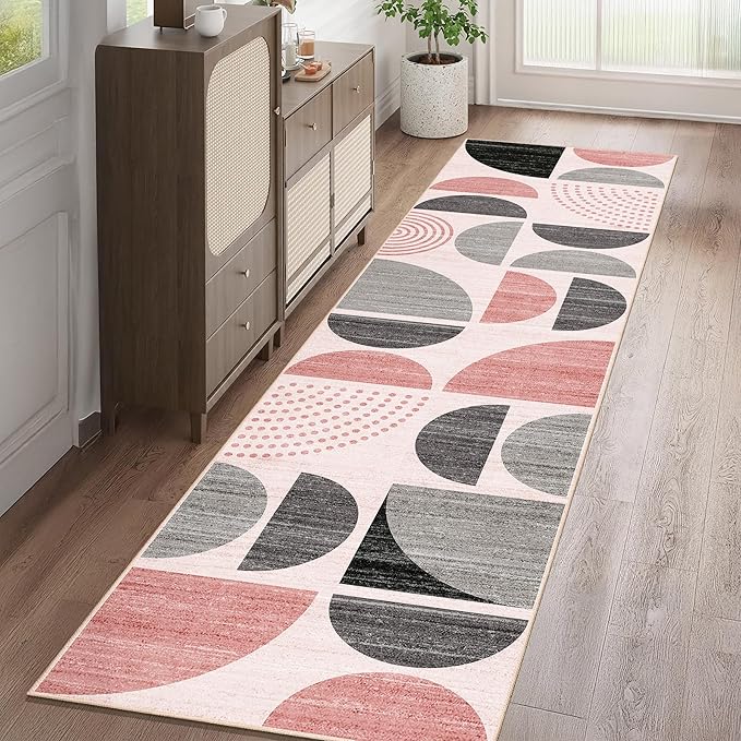 Pink Runner Rug Washable,Boho 2x8 Area Rugs Non Slip Modern Abstract | Long Throw Carpet for Hallways Kitchen Bedroom Entryway Bathroom Laundry Soft Low Pile Floor Indoor Bohemian Pink and Grey