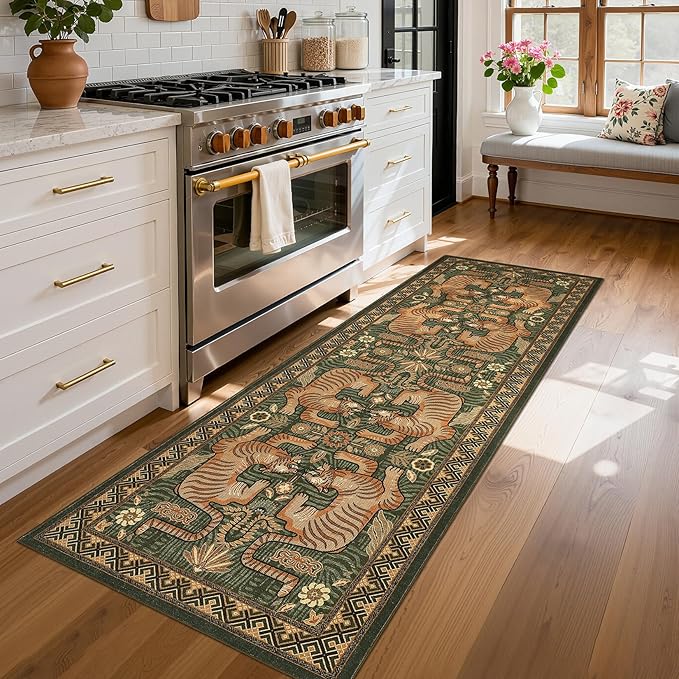 GarveeHome Tiger Print 2'x6' Washable Runner Rug Non Slip Boho Hallway Rug | Green Kitchen Runner Ultra Thin Soft Vintage Tribal Indoor Throw Floor Carpet for Laundry Entryway Bedroom Bathroom