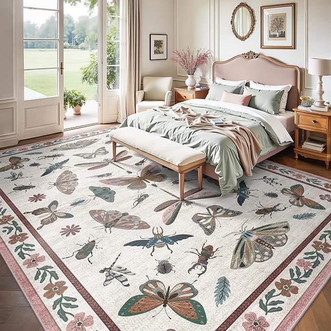 8x10 Area Rugs, Insect Ultra Soft Washable Rug Non Slip with Rubber Back, Stain Resistant Rugs for Living Room, Bedroom, Dining Room, Kids Room(Pink Butterfly)