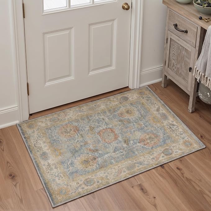 2X5 Washable Hallway Runner Rug, Boho Vintage Floral Non Slip | Dusty Blue Floral Runner, Soft Faux Wool Rug for Corridor Kitchen Entryway, Stain Resistant, Pet-Friendly, Non-Shedding, Thin