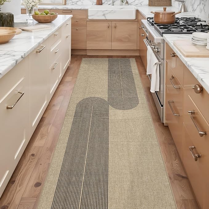 Outdoor Easy Jute Runner Rug: 2.5x8 Modern Natural Area Rugs for Front Patio Hallway Linen-Look Fabric Durable - Neutral Washable Mat for Entryway Kitchen Bedroom - Black Stripes