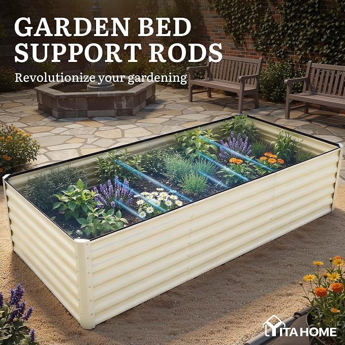 YITAHOME 2pcs 8x4x2ft Large Raised Garden Bed Kit, Galvanized Metal Planter Box with Gloves & Safety Rubber, Outdoor Above Ground Planters for Plants Vegetables Flowers, Cream Yellow