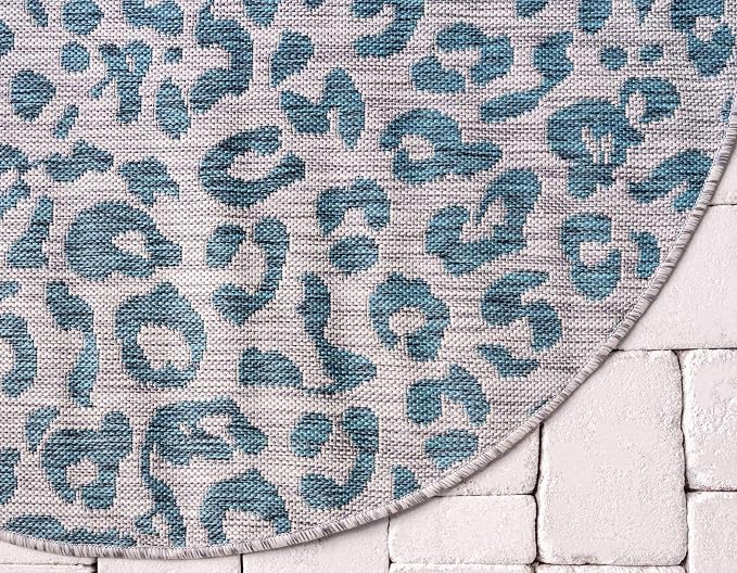 Unique Loom Outdoor Safari Collection Area Rug - Leopard (4' 1" Round, Teal/ Ivory)