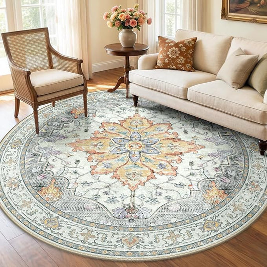 RELEANY Washable Area Rug, Round 6ft, Beige/Carbon Grey/Orange | Non-Slip, Water Repellent, Pet Friendly, Easy to Clean, Vintage Floral Boho Decor for Living Room Bedroom Dining Room