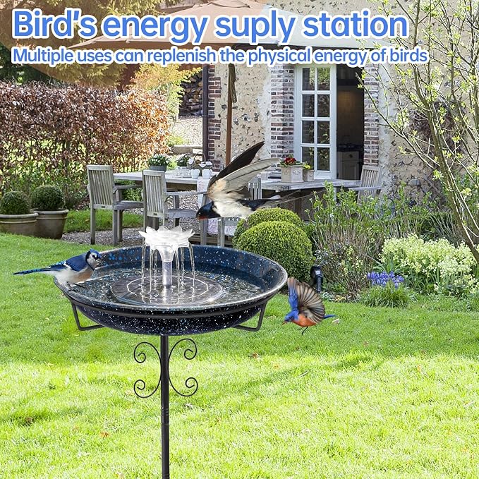 Yiabivo Solar Powered Bird Bath with Fountains for Hummingbirds,Stable Stylish Design with 5-Prong Base Stake Metal Bird Bath for Outside Yard Lawn Patio Garden(Blue)