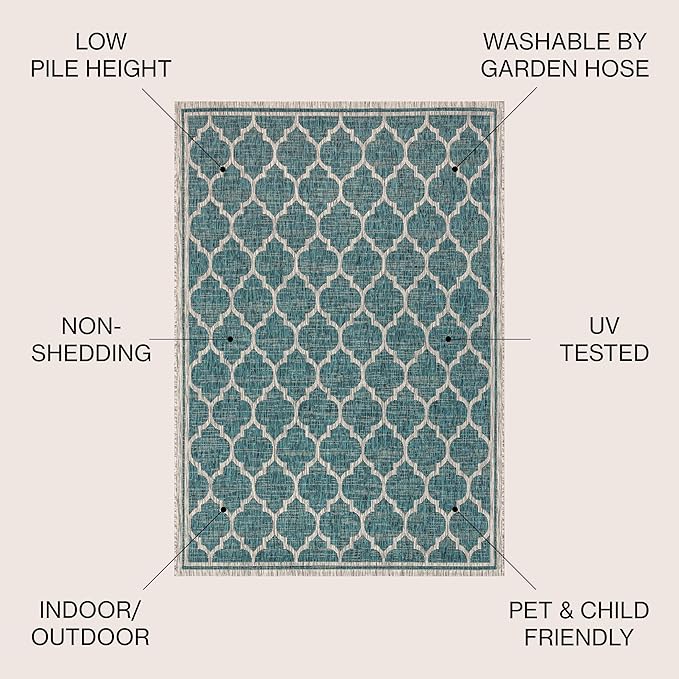 JONATHAN Y Moroccan Trellis Indoor Outdoor Round Area Rug 5 Ft Teal/Gray, Trebol Textured Weave for Backyard, Patio, Porch, Easy-Cleaning, High Traffic, Pet-Friendly, Non-Shedding (SMB109E-5R)