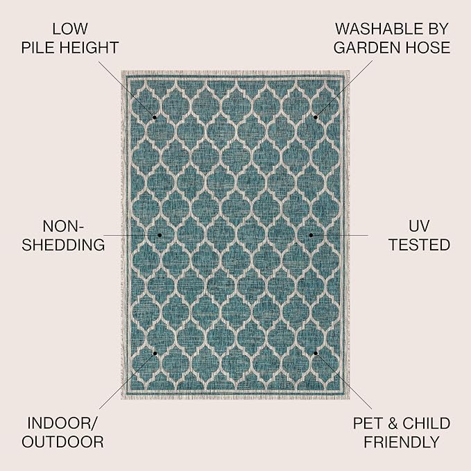 JONATHAN Y Moroccan Trellis Indoor Outdoor Area Rug 3X5 Teal/Gray, Trebol Textured Weave for Backyard, Patio, Porch, Easy-Cleaning, High Traffic, Pet-Friendly, Non-Shedding (SMB109E-3)