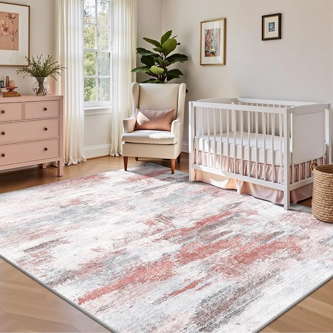 5x7 Rugs for Living Room - Modern Abstract Washable Rug, Ultra Soft Non Slip Low Pile Large Rugs, Floor Carpet for Bedroom Dining Room Office Laundry Nursery Home（Pink & Grey）