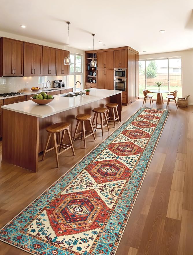SERISSA 2'6"x18' Washable Non Slip Boho Runner Rug for Hallway，Orange | Ultra Soft Vintage Oriental Carpet Low-Pile Tribal Floor Carpet for Kitchen Bedroom Entryway Bathroom Laundry Room