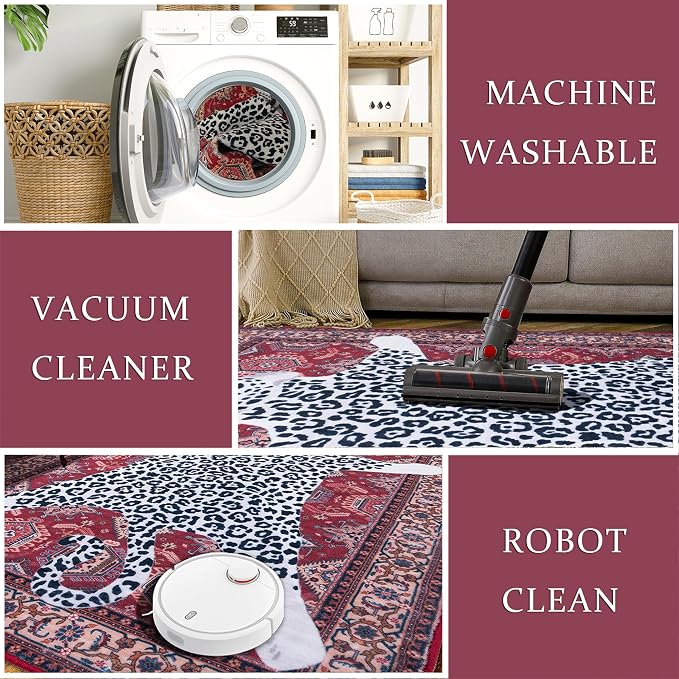 Oriental Leopard Rug 5x7 ft Washable Traditional Red Area Rugs for Bedroom Living Room, Dining Room Under Kitchen Table, Soft Non Slip Thin Rug Carpet (Red Leopard, 5X7 FT)