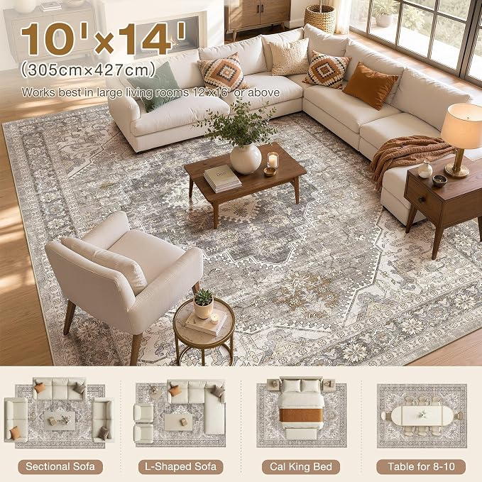 DTICON Vintage Washable 10x14 Area Rug Living Room Rugs, Taupe | Boho Distressed, Pet & Kid Friendly, Non-Slip Backing, Soft Polyester, Low-pile Carpet for Living Room, Bedroom, Dining Room