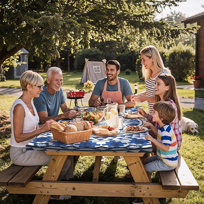 Fitted Waterproof Picnic Table Cover with Bench Covers Elastic 72×30Inch Weather Proof Non Slip Camping Table Clothes for 6Feet Rectangle Tables Campers Summer Fall Travel Hiking Tools Gifts