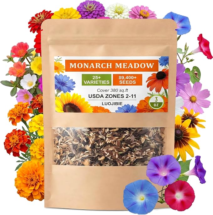 Wildflower Seeds Mix (3oz) - 89.400+Seeds - Non-GMO Milkweed Seeds for Monarch Butterflies - 25+Varieties Annual & Perennial Wildflowers Mix - Bulk Flower Seeds for Pollinator Gardens