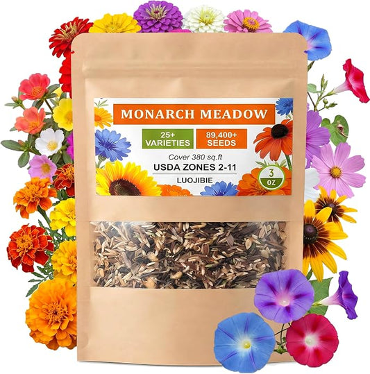 Wildflower Seeds Mix (3oz) - 89.400+Seeds - Non-GMO Milkweed Seeds for Monarch Butterflies - 25+Varieties Annual & Perennial Wildflowers Mix - Bulk Flower Seeds for Pollinator Gardens